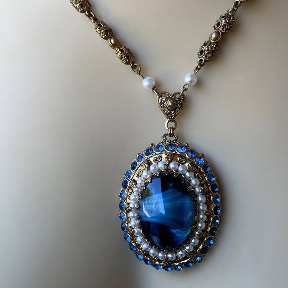 VTG Pendant Necklace 26" W Germany Porphyry Blue Art Glass Filigree Faux Pearl - Picture 12 of 12